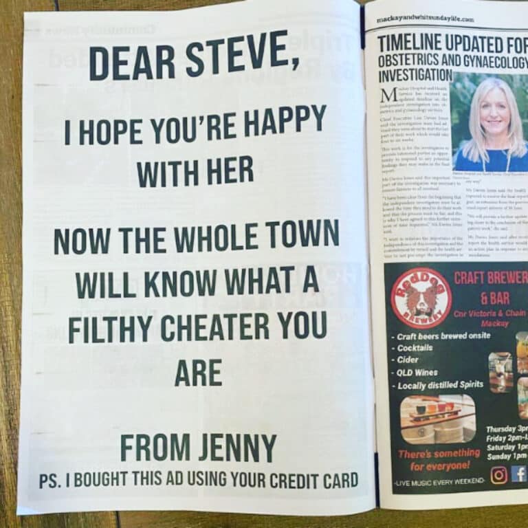 Woman Outs Cheater in Aussie Newspaper